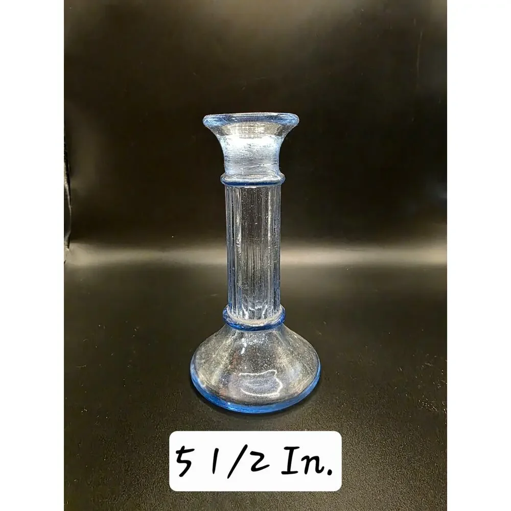 Pair Light Blue Seeded Glass Candlestick Holders Taper Ribbed Column 5.5